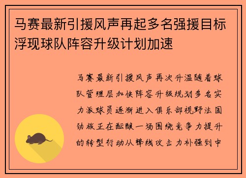 马赛最新引援风声再起多名强援目标浮现球队阵容升级计划加速
